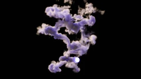 A blue smoke trail from a glowing object moving randomly against a black Video stock 177497011