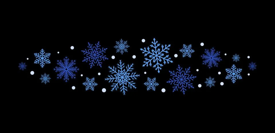 Blue Snowflake Horizontal Cluster on Black Backdrop Stock Illustration