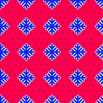 Blue Snowflake icon isolated seamless pattern on red background. Vector Stock Illustration