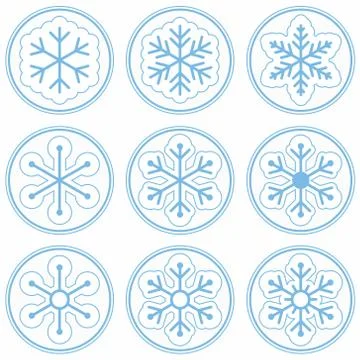 Blue Snowflake Stickers Set of 9 on White Stock Illustration