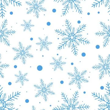 Blue snowflakes of various sizes set against a white background in a seamless Stock Illustration