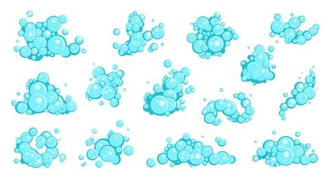 Blue soap bubbles. Cartoon flat bath foam, detergents with water effect, mini Stockillustratie