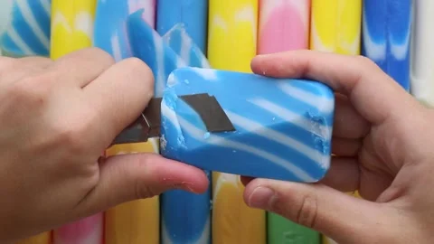 Blue soap sliced smoothly in half with light hand pressure ASMR Vídeos de archivo 314282629