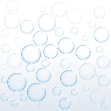 Blue soap water bubbles floating on white background Stock Illustration
