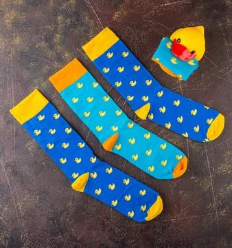 Blue socks with a pattern of yellow ducks Stock Photos