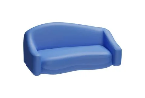 Blue sofa 3d plastic style vector icon, leather couch with rounded back, volume Illustrazione stock