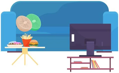 Blue sofa and small table with fastfood products, televisor. Modern tv, couch Ilustração Stock