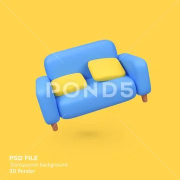 Blue sofa with cushion isolated 3d render icon illustration PSD Template