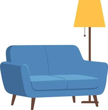 Blue sofa with floor lamp, cozy mid-century modern vector illustration Stock Illustration