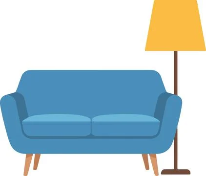 Blue sofa with floor lamp, mid-century modern vector illustration Stock Illustration