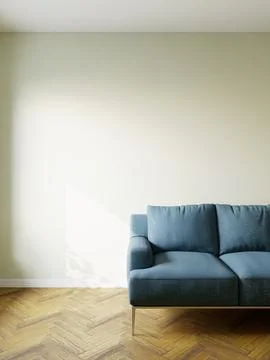 Blue sofa in the interior, with free space on the wall. 3d rendering Иллюстрация