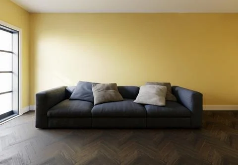 Blue sofa in the interior, with free space on the wall. 3d rendering 스톡 일러스트