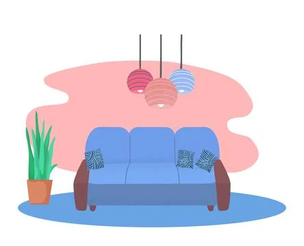 Blue sofa with patterned cushions, indoor potted plant, colorful hanging lamps Illustrazione stock