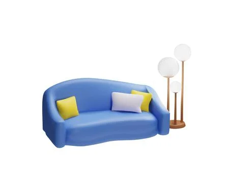 Blue sofa with pillows and floor lamp 3D plastic style vector icon, leather Stock Illustration