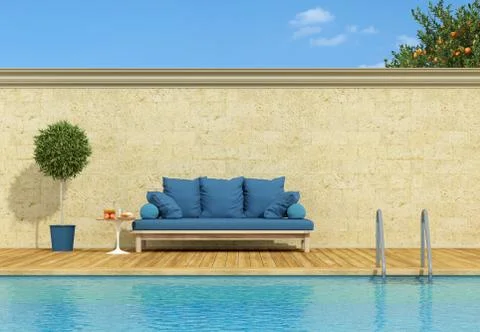 Blue sofa poolside Stock Illustration