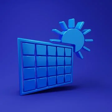 Blue Solar energy panel and sun icon isolated on blue background. Minimalis.. Stock Illustration