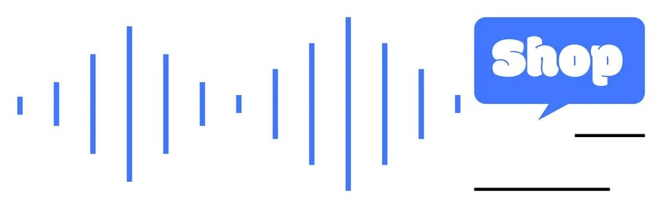 Blue sound waves with text bubble containing shop in white font Illustrazione stock
