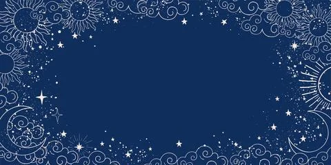 Blue space background with sun, moon and stars with place for text. Magic banner Stock Illustration