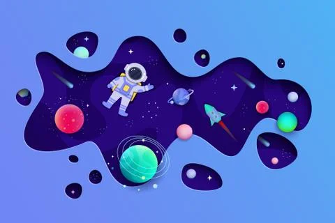 Blue space banner with 3D liquid fluid shape cut out and planet and star shap Illustrazione stock