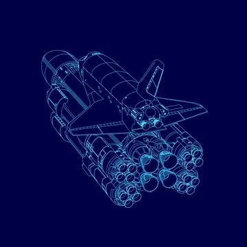 Blue space shuttle is shown in a blue drawing. The drawing is of a space shuttle Stock Illustration