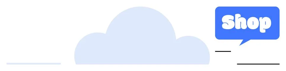 Blue Speech Bubble with Shop Text Over Light Blue Cloud Background Ilustração Stock