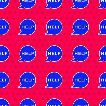 Blue Speech bubble with text Help icon isolated seamless pattern on red Stock Illustration