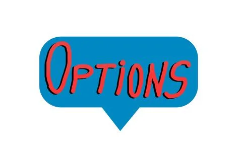 Blue speech bubble with the text Options written in red. Downward arrow. Ic.. Stock Illustration