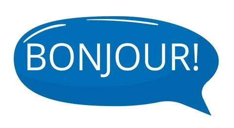 Blue speech bubble with white text saying 'BONJOUR ' French greeting and Иллюстрация