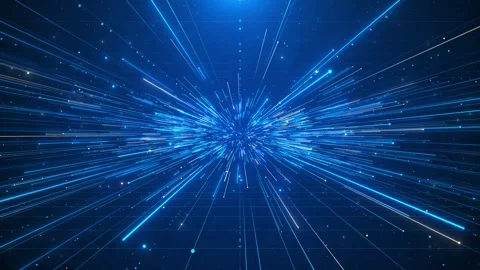 Blue speed lines data burst bright center point, glowing rays, grid depth, and Stock Footage 333859644