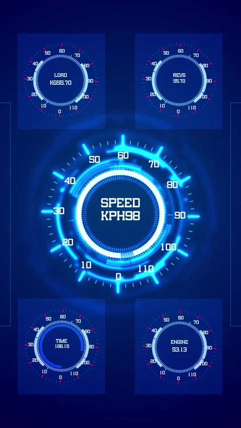 Blue speedometer HUD dashboard glowing circular gauge, load panels, engine meter Stock Footage 340567948