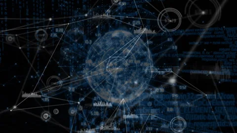 Blue sphere appearing in void, fanning white lines adding bar-chart nodes Stock Footage 312408389