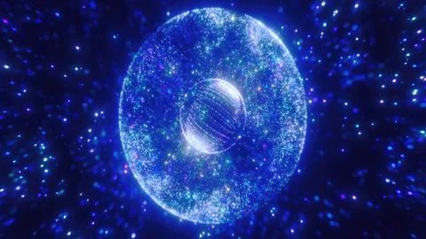 A blue sphere dotted with lights, floating in a dark expanse, reminiscent o.. Stock Photos