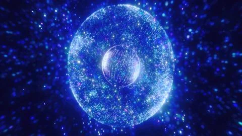 A blue sphere dotted with lights, floating in a dark expanse, reminiscent o.. 写真素材