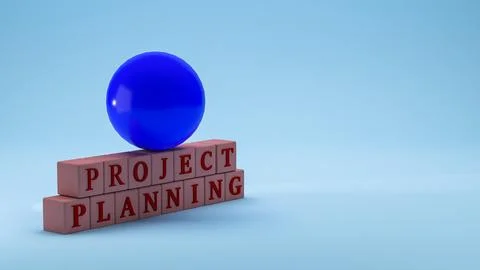 Blue sphere on red cubes with project planning text 3d illustration Stock Illustration