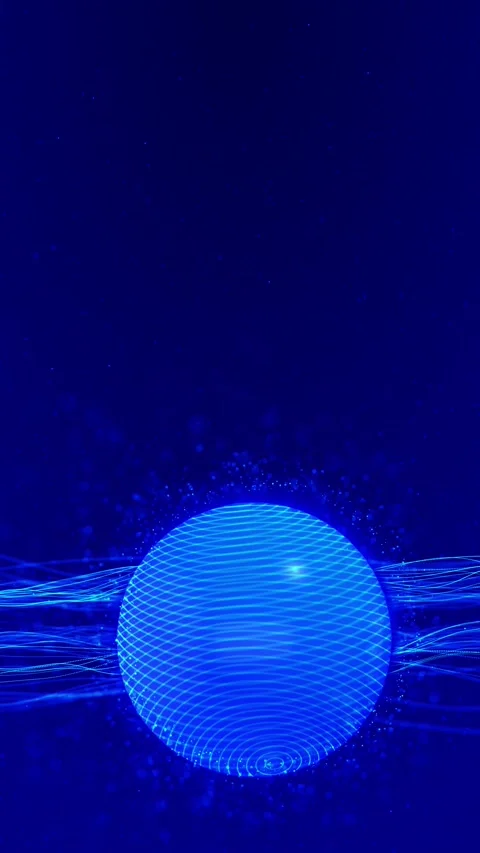 Blue sphere wave technology glowing wire grid ball, flowing light lines, and par 動画素材 340479827