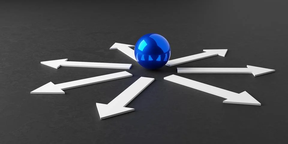 Blue sphere with white arrows into multiple directons on dark background, d.. Illustrazione stock