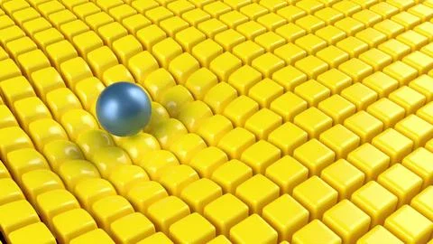Blue sphere yellow orange boxes morph to spheres 3d render Stock Illustration