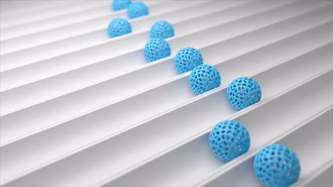 Blue spheres moving along parallel white channels Stock Illustration