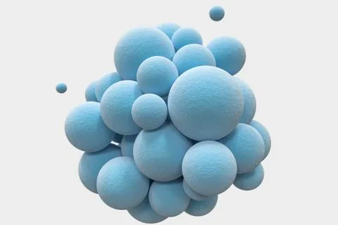 Blue spheres with the textured surface, random distributed, 3d rendering. Ilustração Stock