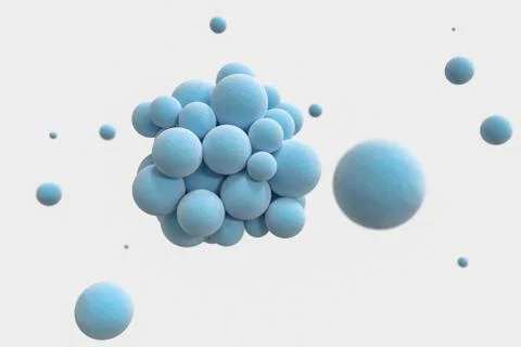 Blue spheres with the textured surface, random distributed, 3d rendering. Ilustração Stock