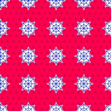 Blue Spider web icon isolated seamless pattern on red background. Cobweb sign 스톡 일러스트