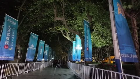 Blue Sponsor Flags Lining Empty Tree Lined Avenue at Night, Lushan Stock Footage 346701524