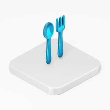 Blue spoon and fork icon. 3d rendering square button key isometric view, inte Stock Illustration