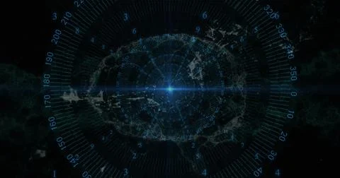 Blue spot of light and data processing over human brain and digital wave against Stock Illustration