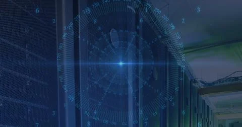 Blue spot of light and data processing against empty computer server room 스톡 사진