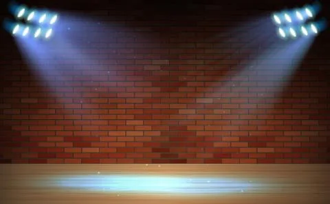 Blue spotlight on the brick wall in the studio room Stock Illustration