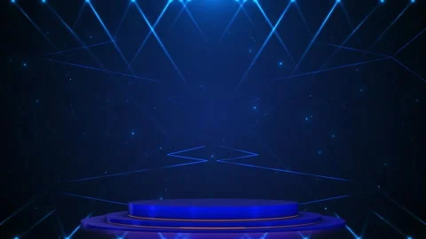 Blue spotlight stage background circular podium, laser beams, star particles, pr Video stock 340409030