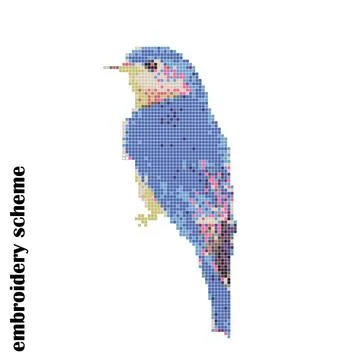 Blue spring bird. Bird embroidery scheme. Vector illustration isolated on whi Stock Illustration