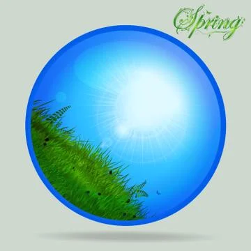 Blue spring glass sphere with grass and sunny sky Stock Illustration