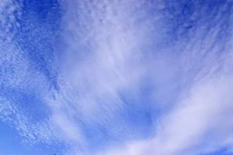 The blue spring sky is covered with light white cirrostratus clouds. Stock Photos